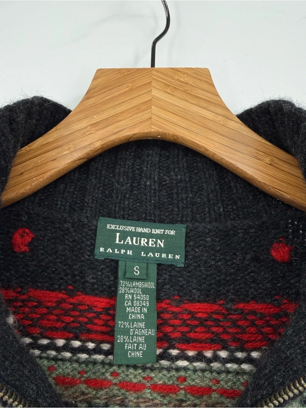 Ralph Lauren Lambswool Nordic Fair Isle Quarter Zip Hand Knit Sweater Size S